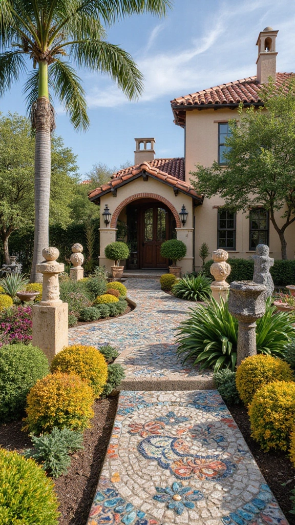 42 Spanish Style Home Exterior Ideas That Radiate Elegance - 18. Artistic Garden Features