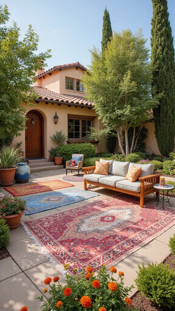 42 Spanish Style Home Exterior Ideas That Radiate Elegance - 20. Colorful Outdoor Rugs