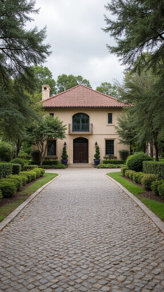 42 Spanish Style Home Exterior Ideas That Radiate Elegance - 22. Textured Driveways