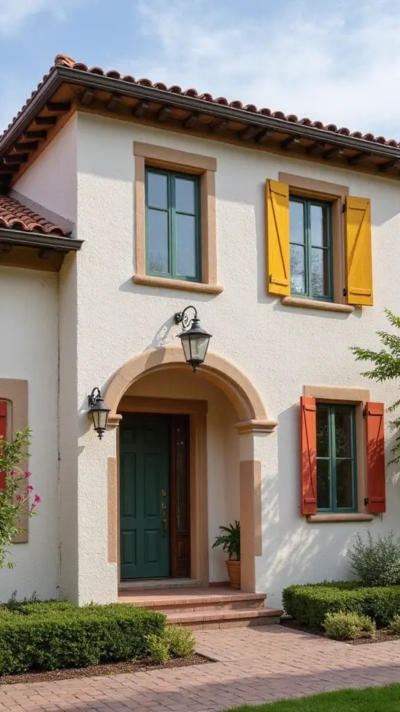 42 Spanish Style Home Exterior Ideas That Radiate Elegance - 23. Colorful Shutters