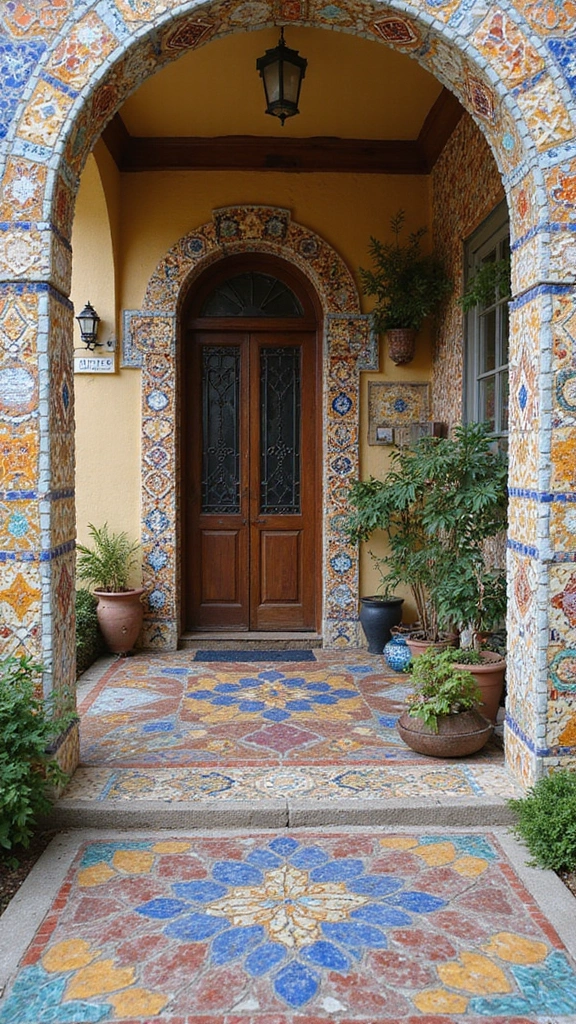 43 Porch Design in India Styles That Inspire Welcoming Homes - 10. Artistic Mosaic Porches
