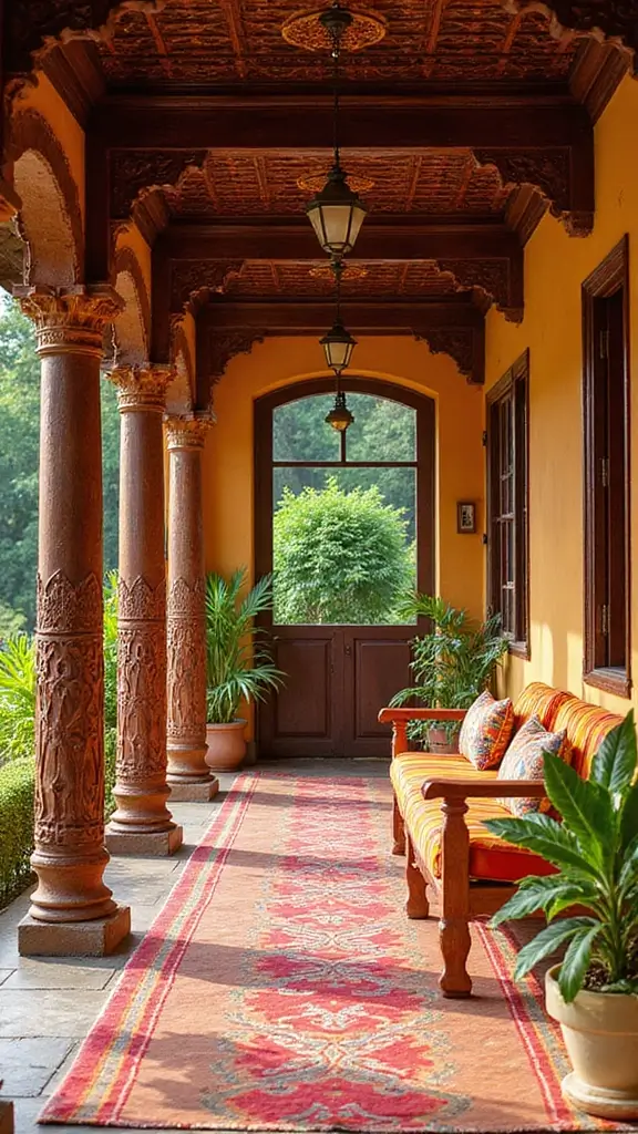 43 Porch Design in India Styles That Inspire Welcoming Homes - 18. Colorful Kerala Porches