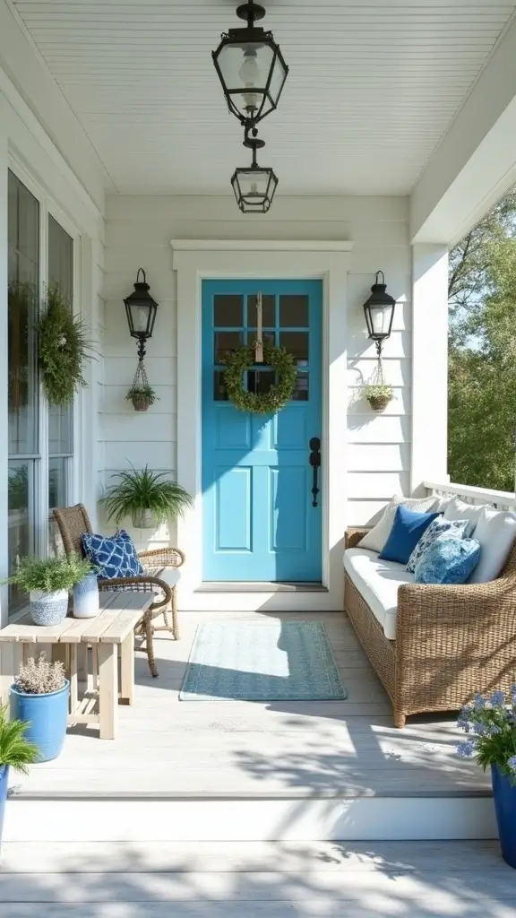 43 Porch Design in India Styles That Inspire Welcoming Homes - 8. Coastal Vibes with Bright Whites and Blues