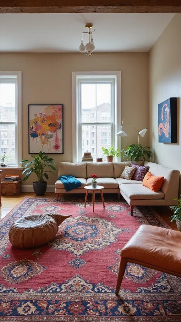 43 Small Loft Apartment Ideas That Feel Airy - 14. Select a Statement Rug