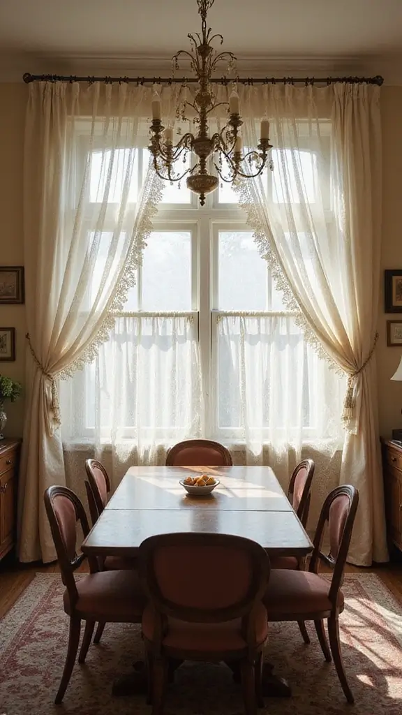 44 Dining Room Window Treatments That Complete the Space - 10. Vintage Lace Curtains