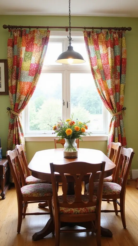 44 Dining Room Window Treatments That Complete the Space - 17. Colorful Patchwork Curtains