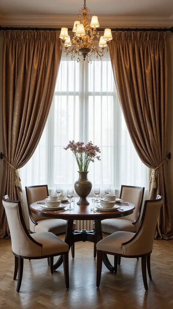44 Dining Room Window Treatments That Complete the Space - 18. Metallic Sheer Drapes
