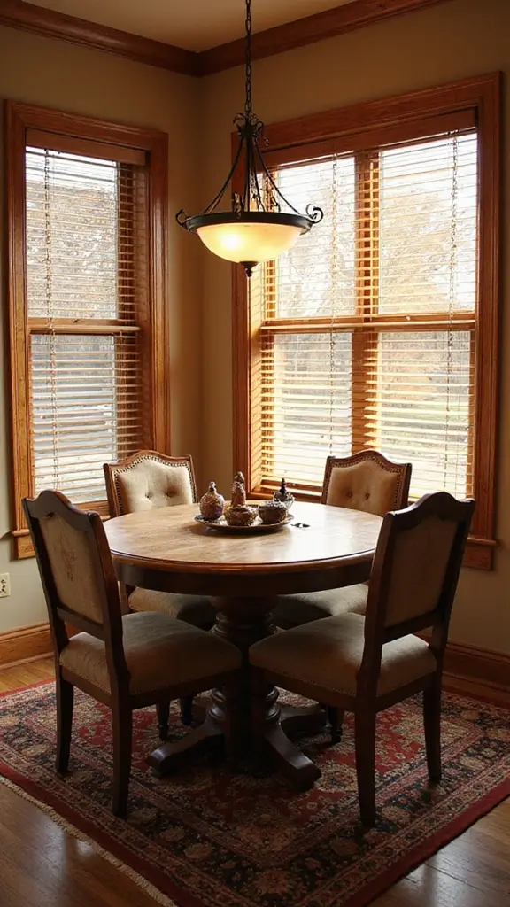 44 Dining Room Window Treatments That Complete the Space - 20. Natural Blinds with Decorative Trim