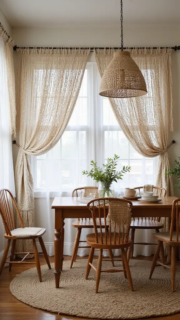 44 Dining Room Window Treatments That Complete the Space - 21. Handcrafted Macrame Curtains