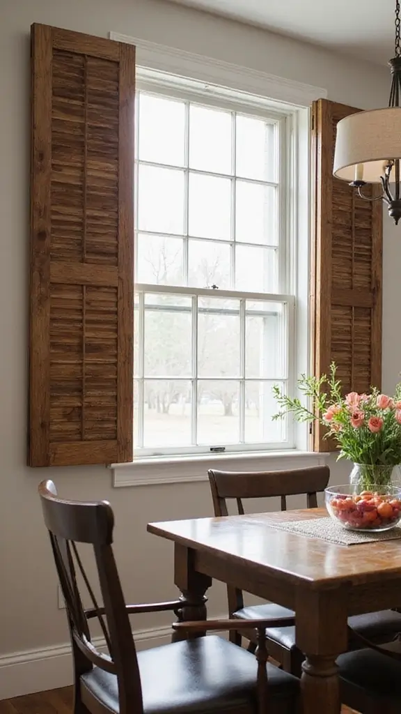 44 Dining Room Window Treatments That Complete the Space - 27. Reclaimed Wood Shutters