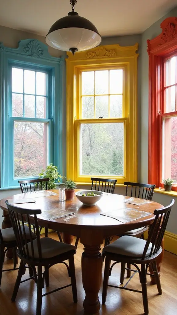 44 Dining Room Window Treatments That Complete the Space - 28. Brightly Colored Window Panels