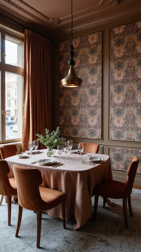 44 Dining Room Window Treatments That Complete the Space - 31. Printed Velvet Panels