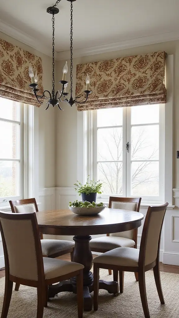 44 Dining Room Window Treatments That Complete the Space - 35. Unique Patterned Roman Shades