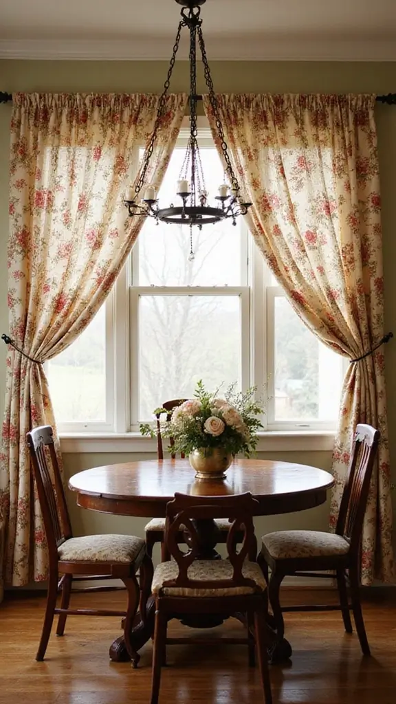 44 Dining Room Window Treatments That Complete the Space - 38. Vintage Floral Curtains
