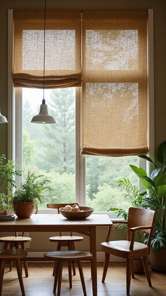 44 Dining Room Window Treatments That Complete the Space - 6. Jute Roll-Up Shades