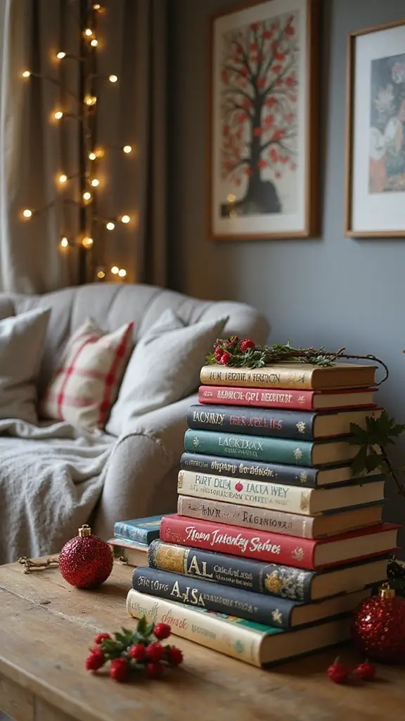 44 Small Apartment Christmas Decor Ideas That Spark Joy - 18. Seasonal Books Display