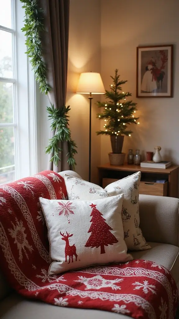 44 Small Apartment Christmas Decor Ideas That Spark Joy - 3. Festive Pillows and Throws