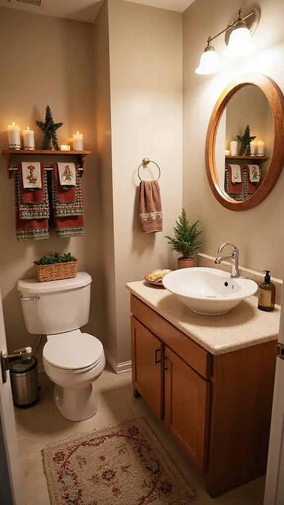 44 Small Apartment Christmas Decor Ideas That Spark Joy - 36. Festive Bathroom Touches