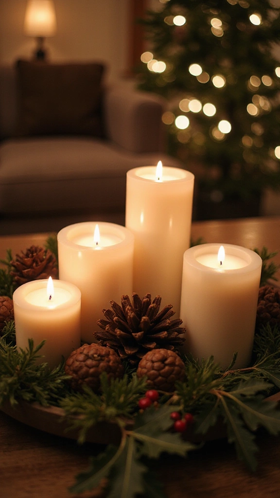 44 Small Apartment Christmas Decor Ideas That Spark Joy - 5. Cozy Candle Displays