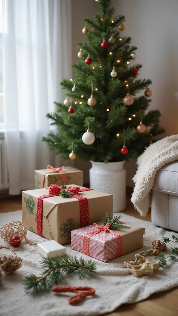 44 Small Apartment Christmas Decor Ideas That Spark Joy - 9. Creative Gift Wrapping Display