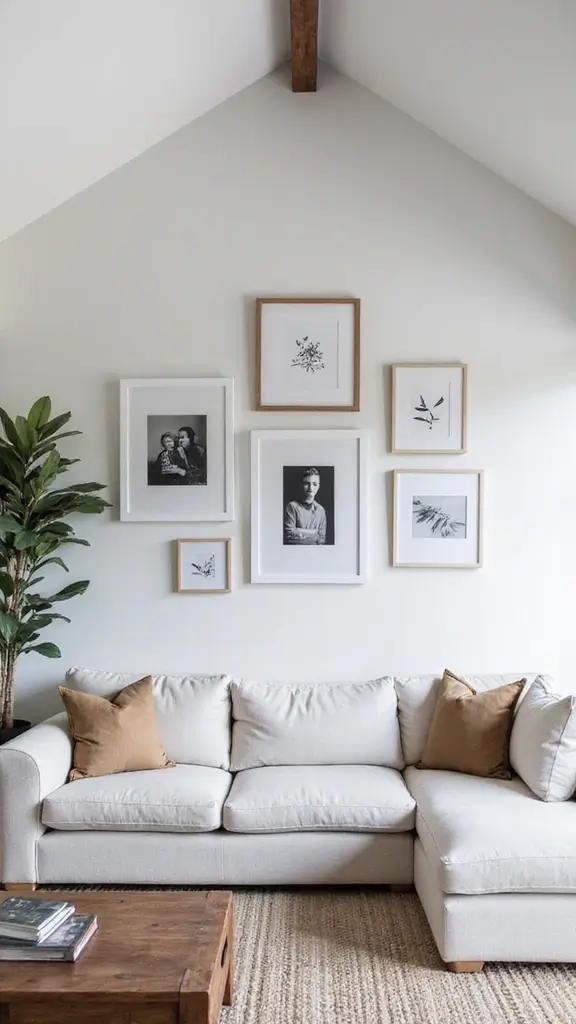 44 Vaulted Ceiling Living Room Ideas That Open Up Space - 14. Minimalist Gallery Wall