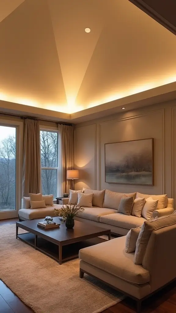 44 Vaulted Ceiling Living Room Ideas That Open Up Space - 15. Elegant Cove Lighting