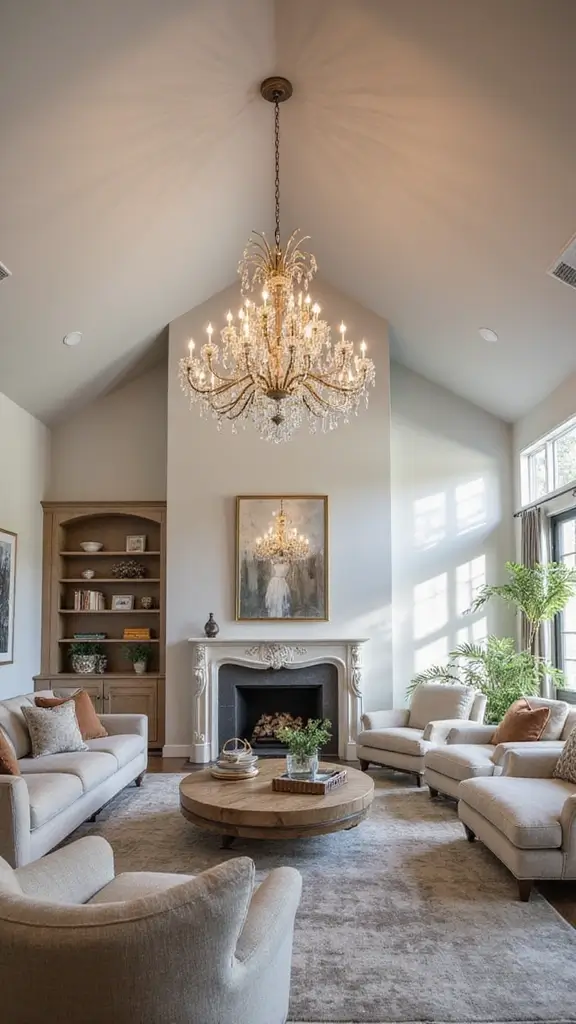 44 Vaulted Ceiling Living Room Ideas That Open Up Space - 2. Statement Light Fixtures