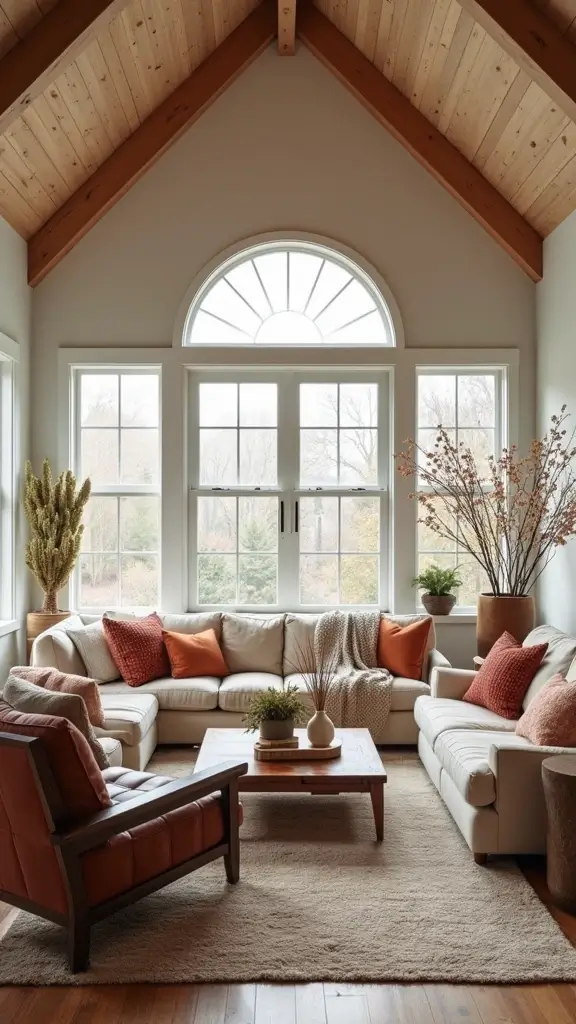 44 Vaulted Ceiling Living Room Ideas That Open Up Space - 20. Seasonal Decor Changes