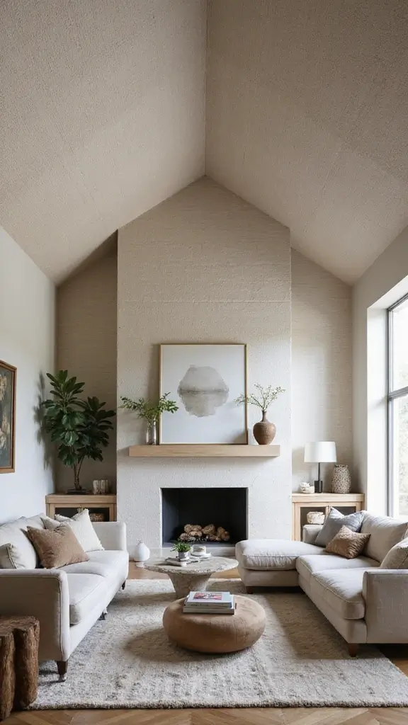44 Vaulted Ceiling Living Room Ideas That Open Up Space - 21. Textured Wallpaper for Depth