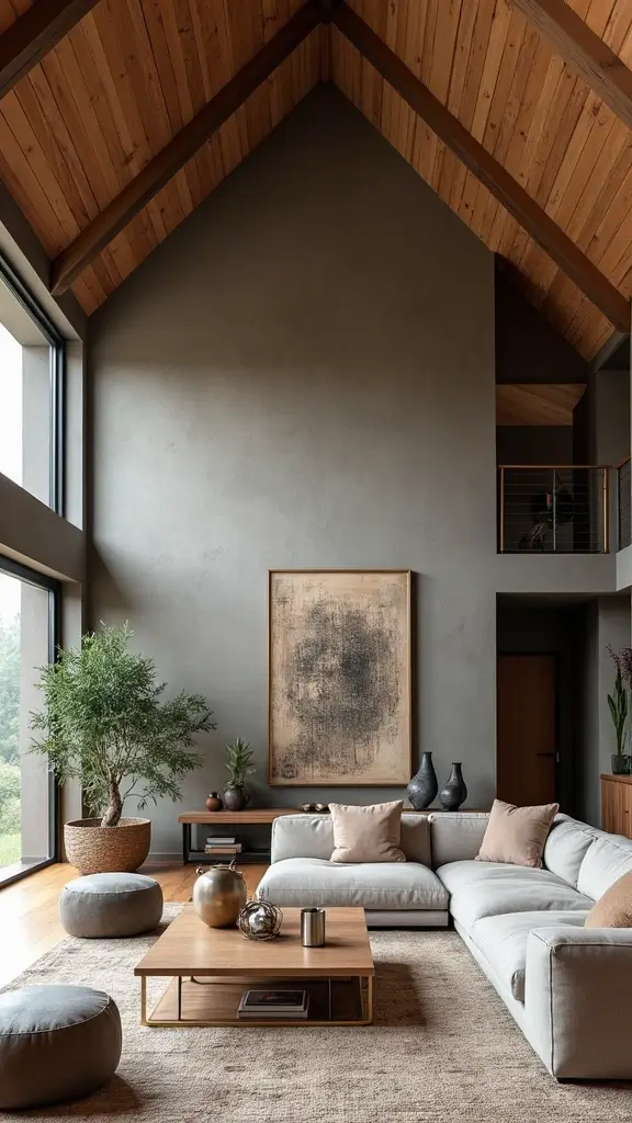 44 Vaulted Ceiling Living Room Ideas That Open Up Space - 26. Textural Contrast