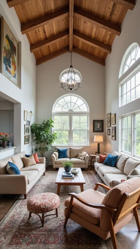 44 Vaulted Ceiling Living Room Ideas That Open Up Space - 27. Eclectic Mixing of Styles