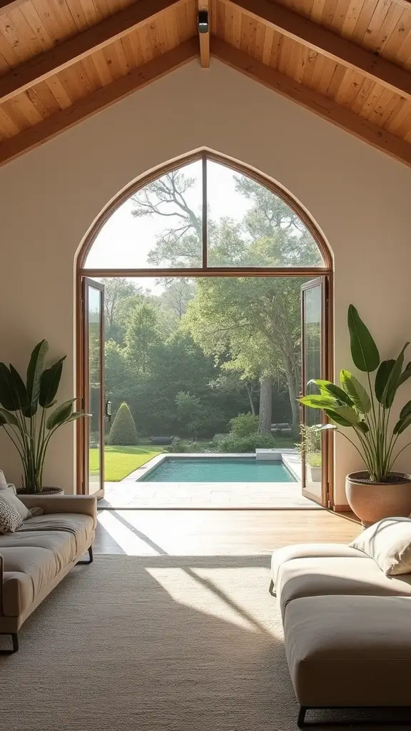 44 Vaulted Ceiling Living Room Ideas That Open Up Space - 30. Indoor-Outdoor Living