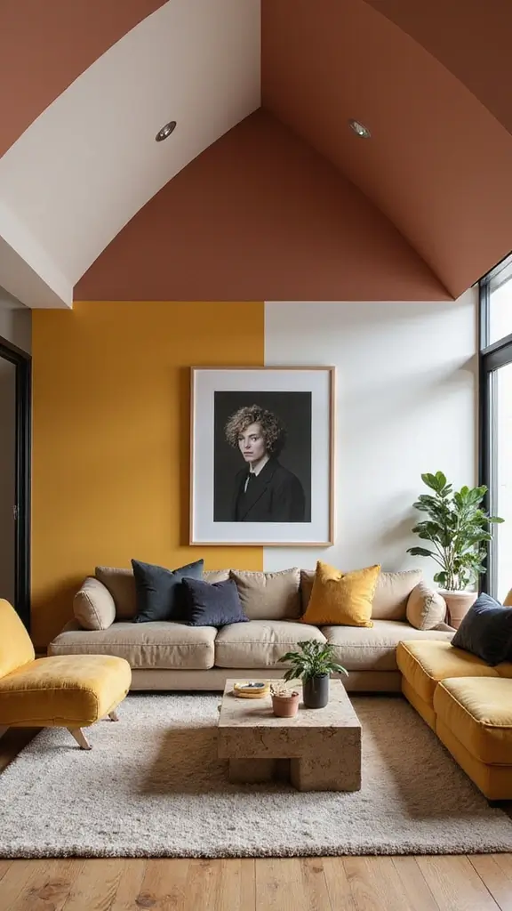 44 Vaulted Ceiling Living Room Ideas That Open Up Space - 31. Creative Use of Color Blocking