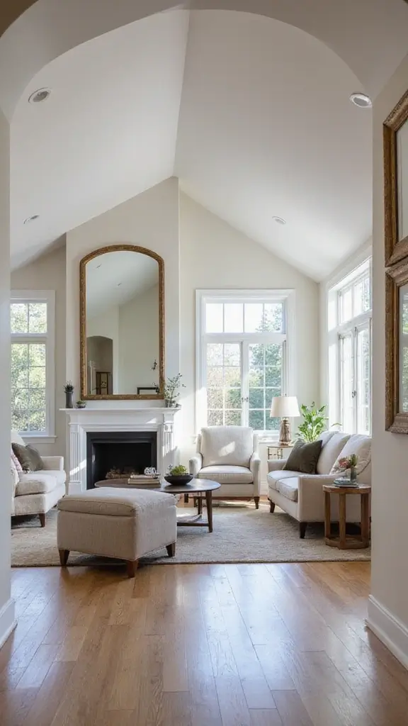 44 Vaulted Ceiling Living Room Ideas That Open Up Space - 32. Smart Use of Mirrors