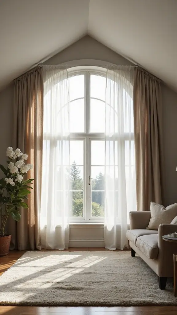 44 Vaulted Ceiling Living Room Ideas That Open Up Space - 34. Layered Window Treatments