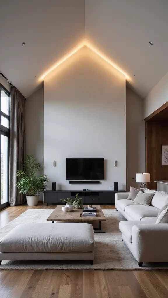 44 Vaulted Ceiling Living Room Ideas That Open Up Space - 35. Integrated Technology