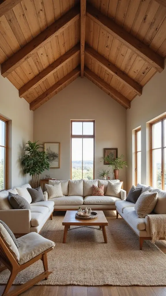 44 Vaulted Ceiling Living Room Ideas That Open Up Space - 4. Earthy Tones and Natural Materials