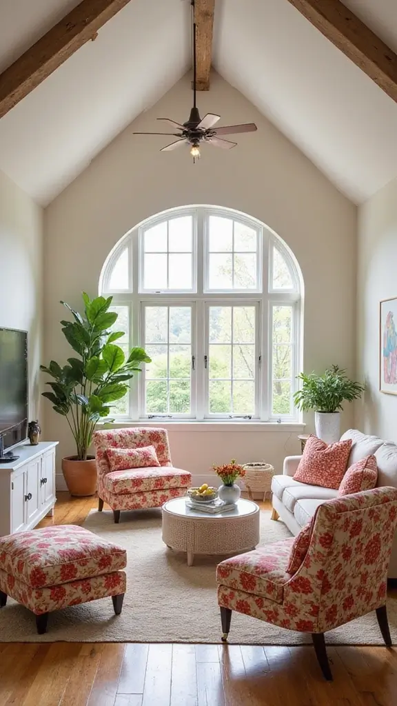 44 Vaulted Ceiling Living Room Ideas That Open Up Space - 40. A Splash of Floral