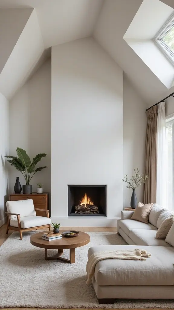 44 Vaulted Ceiling Living Room Ideas That Open Up Space - 42. Minimalist Fireplace Designs
