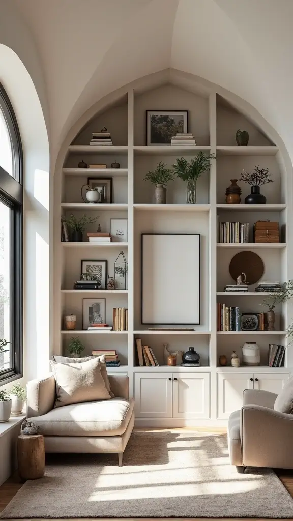 44 Vaulted Ceiling Living Room Ideas That Open Up Space - 6. Incorporating Built-In Shelving