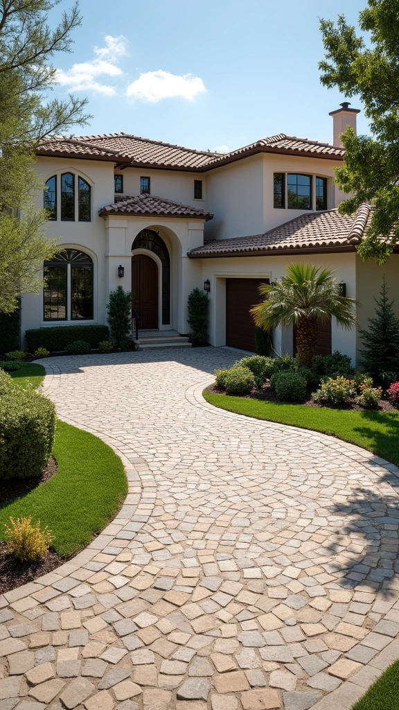 45 Modern Mediterranean Homes Exterior Styles That Shine - 38. Artistic Driveways