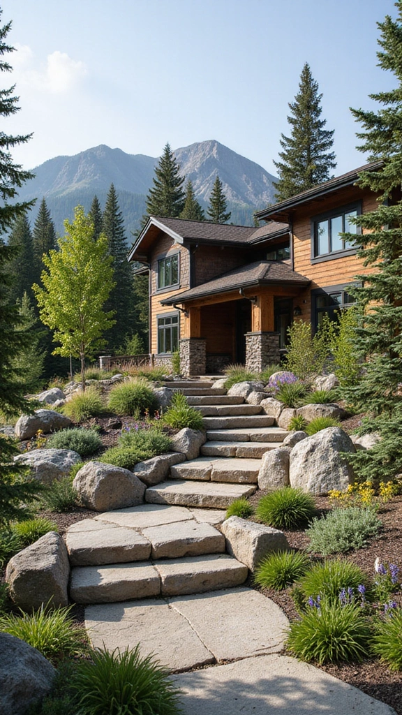 45 Modern Mountain Home Exterior Ideas That Look Striking - 14. Earthy Landscaping Integrations