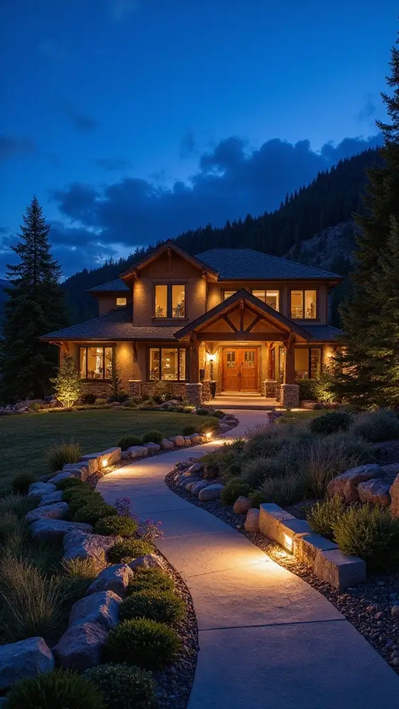 45 Modern Mountain Home Exterior Ideas That Look Striking - 18. Stylish Outdoor Lighting