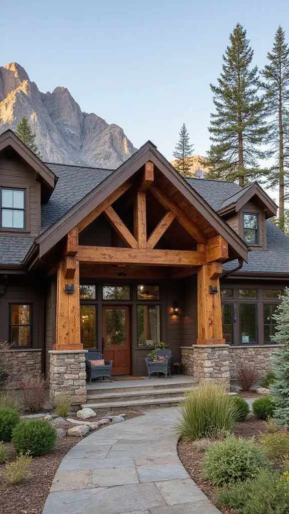 45 Modern Mountain Home Exterior Ideas That Look Striking - 30. Rustic Wood Beams