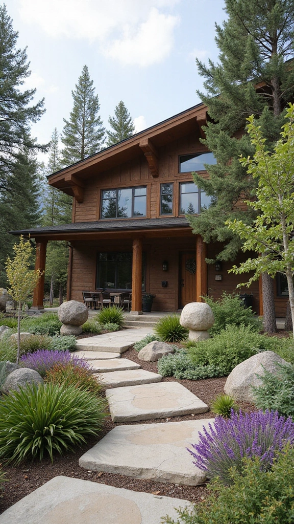 45 Modern Mountain Home Exterior Ideas That Look Striking - 39. Artistic Landscaping Features