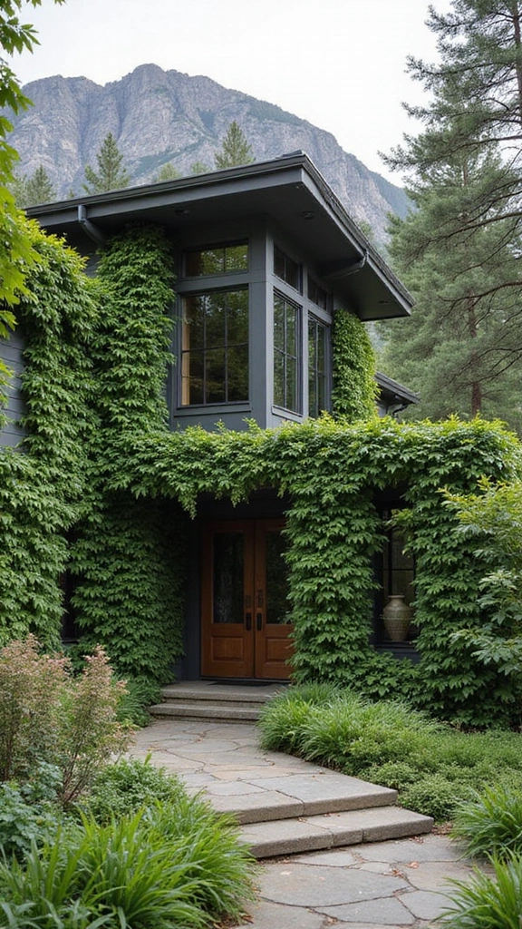 45 Modern Mountain Home Exterior Ideas That Look Striking - 42. Green Walls and Climbing Plants