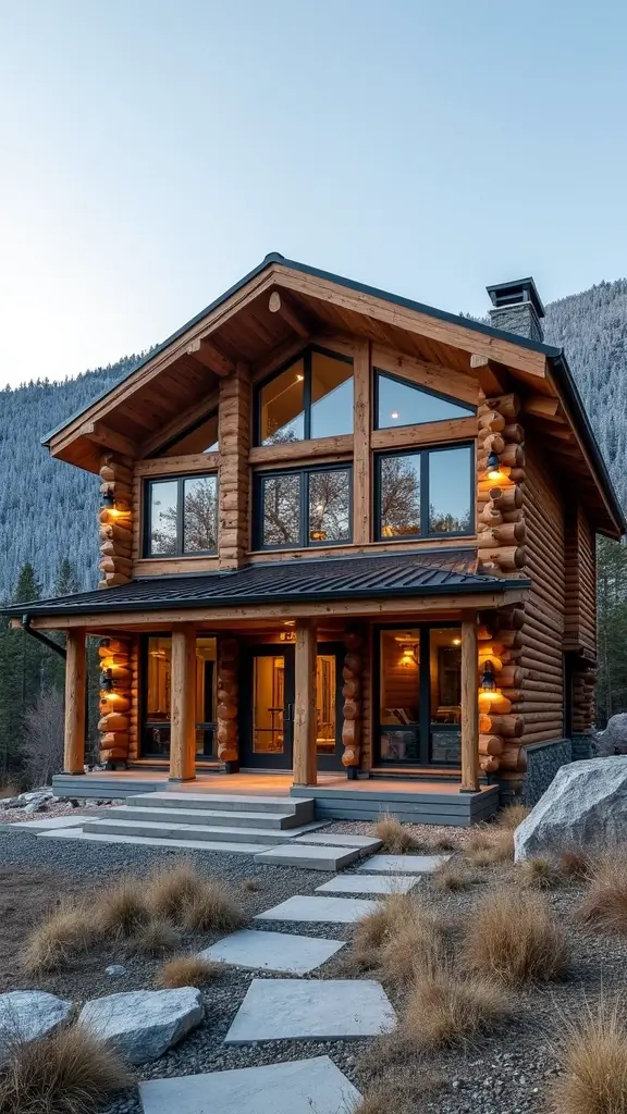 45 Modern Mountain Home Exterior Ideas That Look Striking - 9. Contemporary Log Cabin Aesthetic
