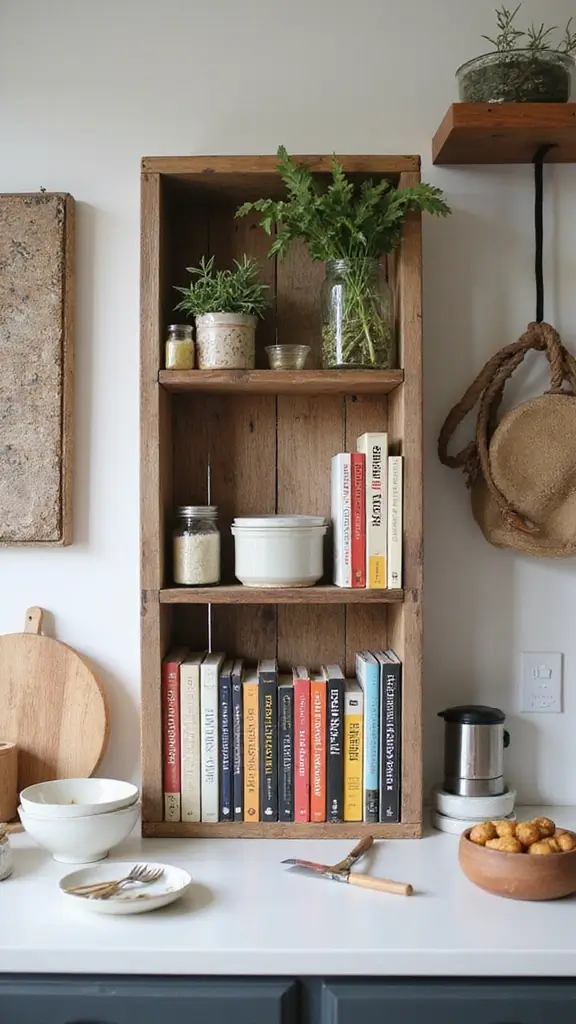 45 Rustic Home Decor Ideas That Feel Warm & Natural - 33. Rustic Cookbooks Display
