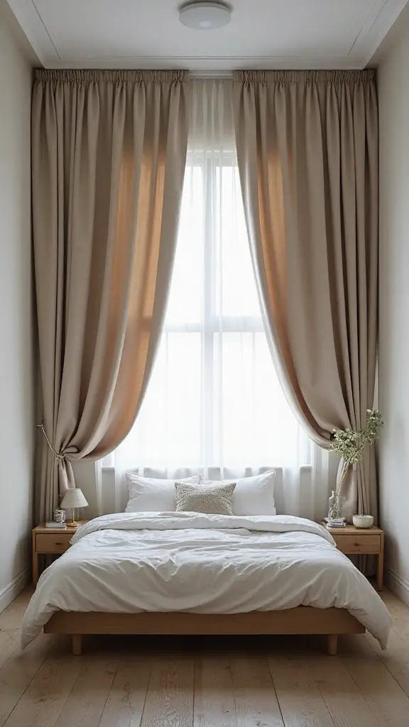 45 Small Bedroom Layout Ideas to Make Any Space Feel Bigger - 11. Use of Curtains for Vertical Effect