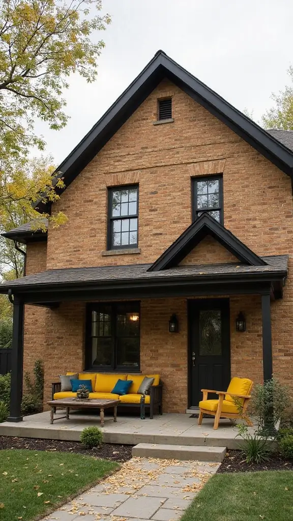45 Tan Brick House Exterior Color Schemes That Pop - 10. Charcoal and Amber Yellow